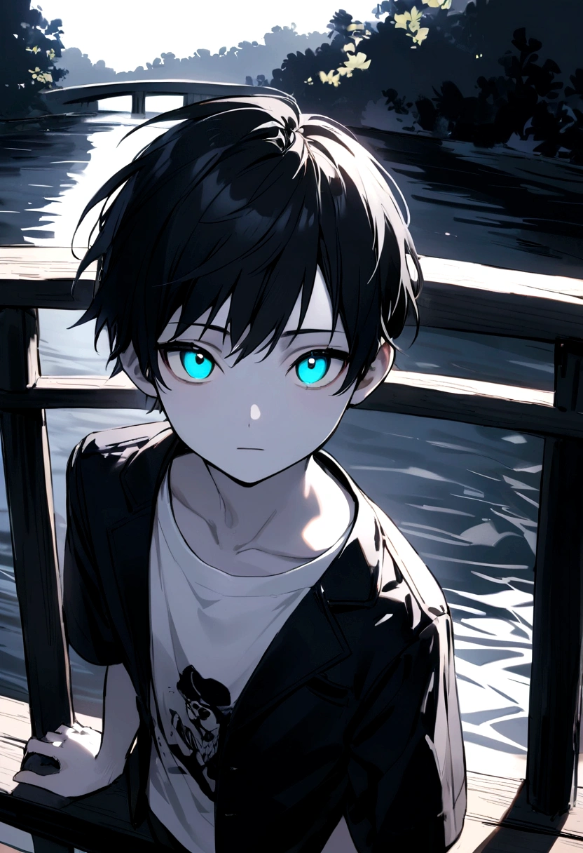 Thirteen-year-old boy, Black hair, Cyan eyes, pale skin, On the bridge over the river, black jacket, White printed T-shirt