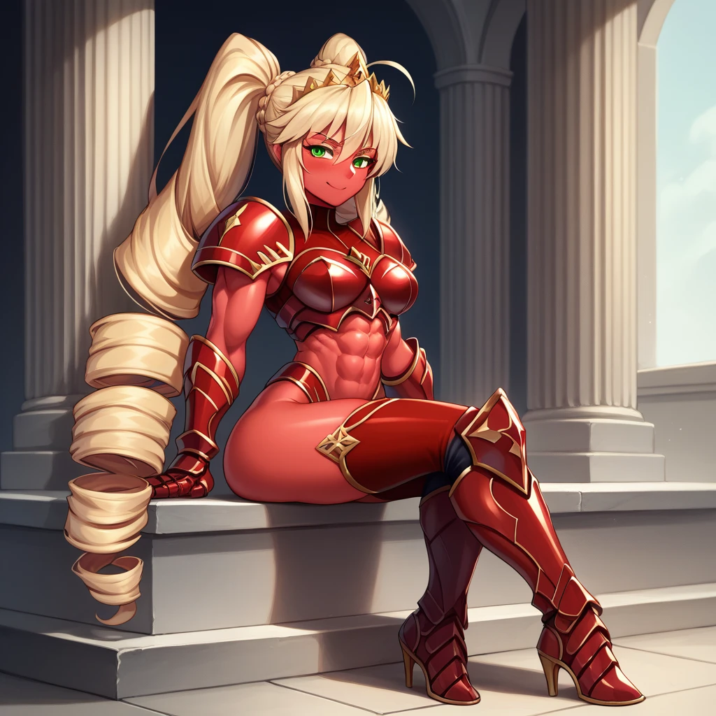 Lancer Artoria, elegant adult female, blonde, green eyes (yellow eyelashes) crown, turtleneck, full body sitting on a bench, showing ass to me, RED breastplate, RED skin (1SologirlRED skin:1.2), looking at viewer, shiny, armor, thigh highs, high boots, pauldrons shoulder armor, faulds, poleyn, RED gloves gauntlets, rerebrace, RED military armored boots, yordle muscular lean platinum blonde long twin tails hairstyle at the bedroom lustful smirking smile face red blushed, blush, strong abs, female body builder, tiara, twin drills hair, (masterpiece, best quality, ultra detailed, best shadow)