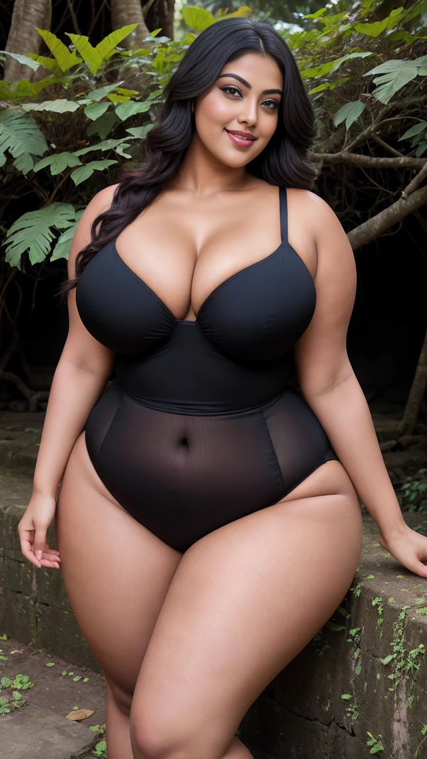 Indian gorgeous curvy plus size actress madhubala, glowing eyes, wearing SHEIN Swim Vcay Deep V-Neck Slim Sleeveless One-Piece Swimsuit For Summer Beach Color: Yellow, covered Bust, parted lips, thick thighs, bigger waist, busty, curvy plus size body, full body, full body shot, head to toe view, hourglass body, curvy plus size body, smile face, bigger waist, busty, big hips, fleshy thighs, thick thighs, busty, full body view, Angkor Wat, Cambodia: Ancient temple complex surrounded by lush jungle.