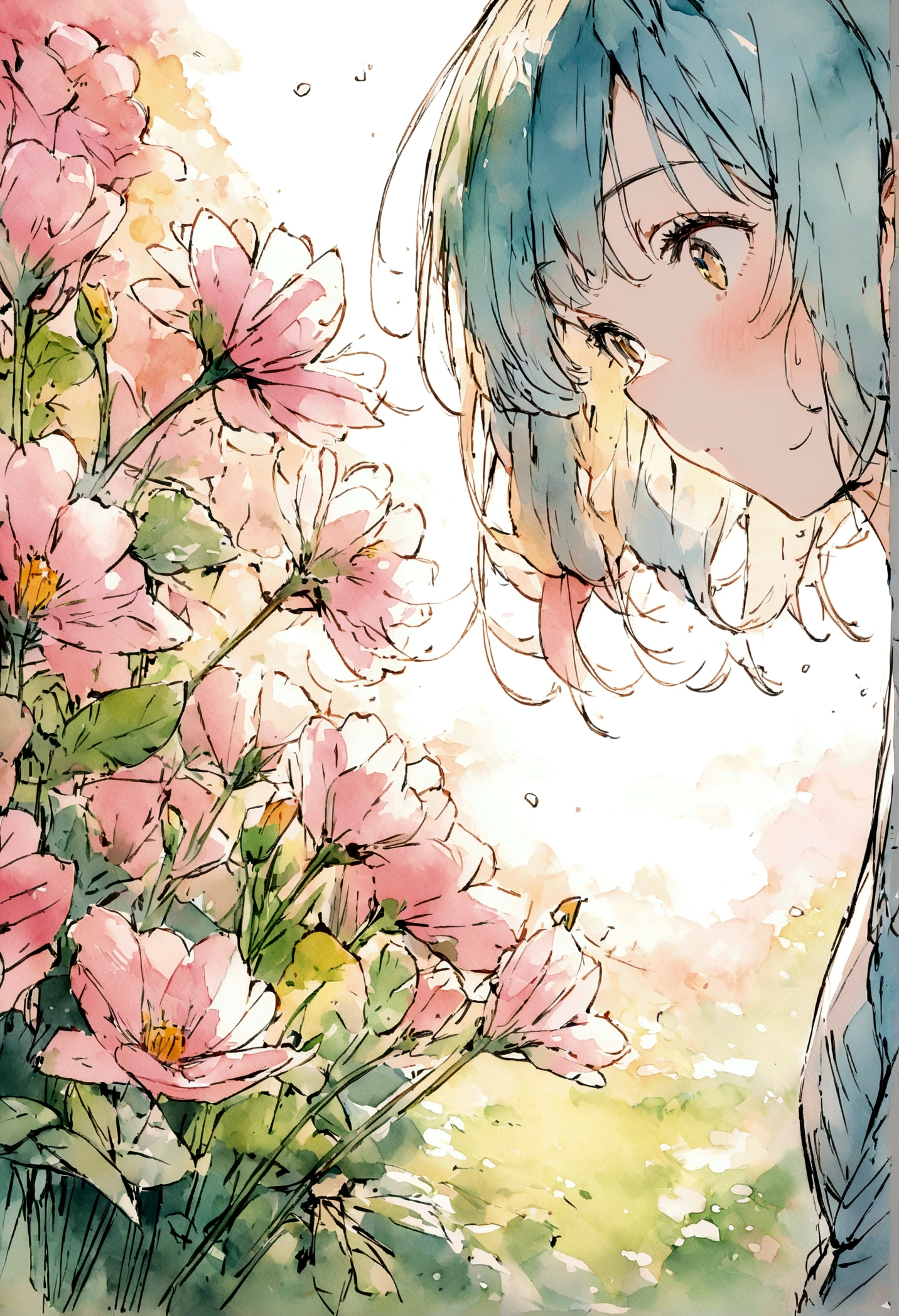 masterpiece,highest quality,ultra-detailed,high-definition background,8K,hi-res,high quality,BREAK,flower,girl, japanese manga style, sketch, Watercolor Colors.