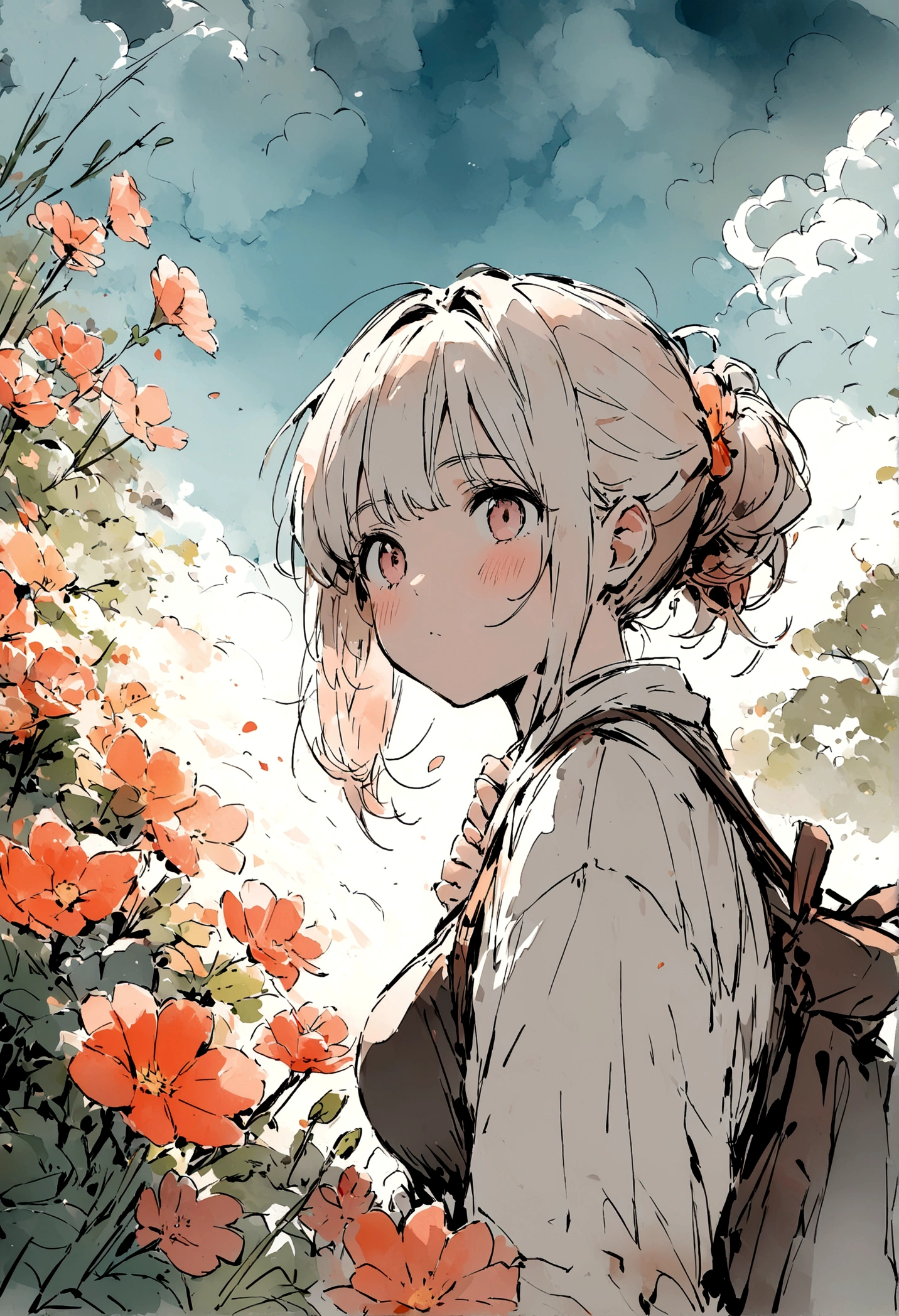masterpiece,highest quality,ultra-detailed,high-definition background,8K,hi-res,high quality,BREAK,flower,girl, japanese manga style, sketch, Watercolor Colors.