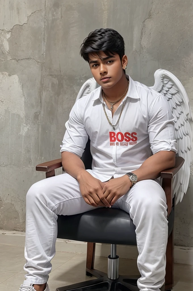 Create image a 18 year old boy is sitting on a king chair with white wings and behind him the color of the wall is gray on which "D BOSS LOVER CHETU" is written in curve style