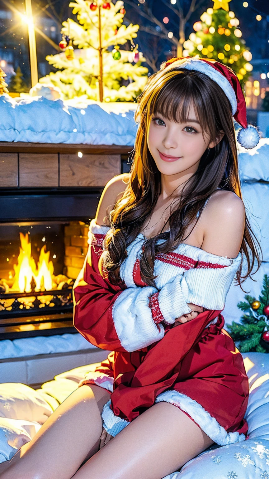 Christmas costume, Japanese girl, fireplace