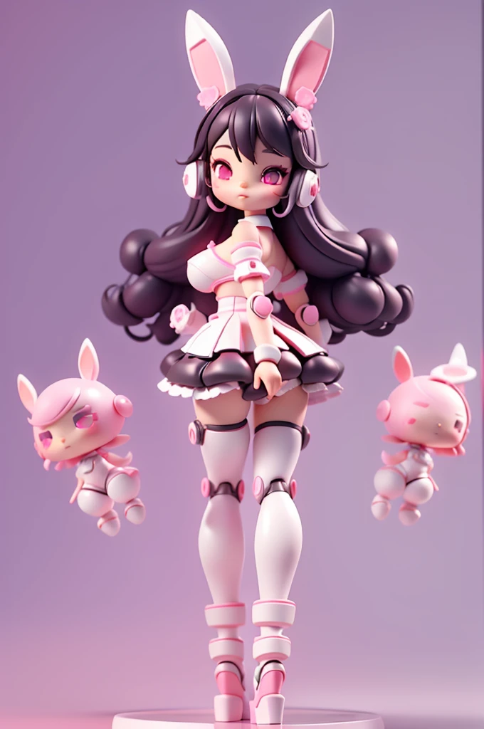 (Same character, front, side, back), (full body); skin: black; 3d; cute; 3d toy art; toy art; anime style; glitter; color pink; color white; Bunny details; cyberpunk details; robot limbs;