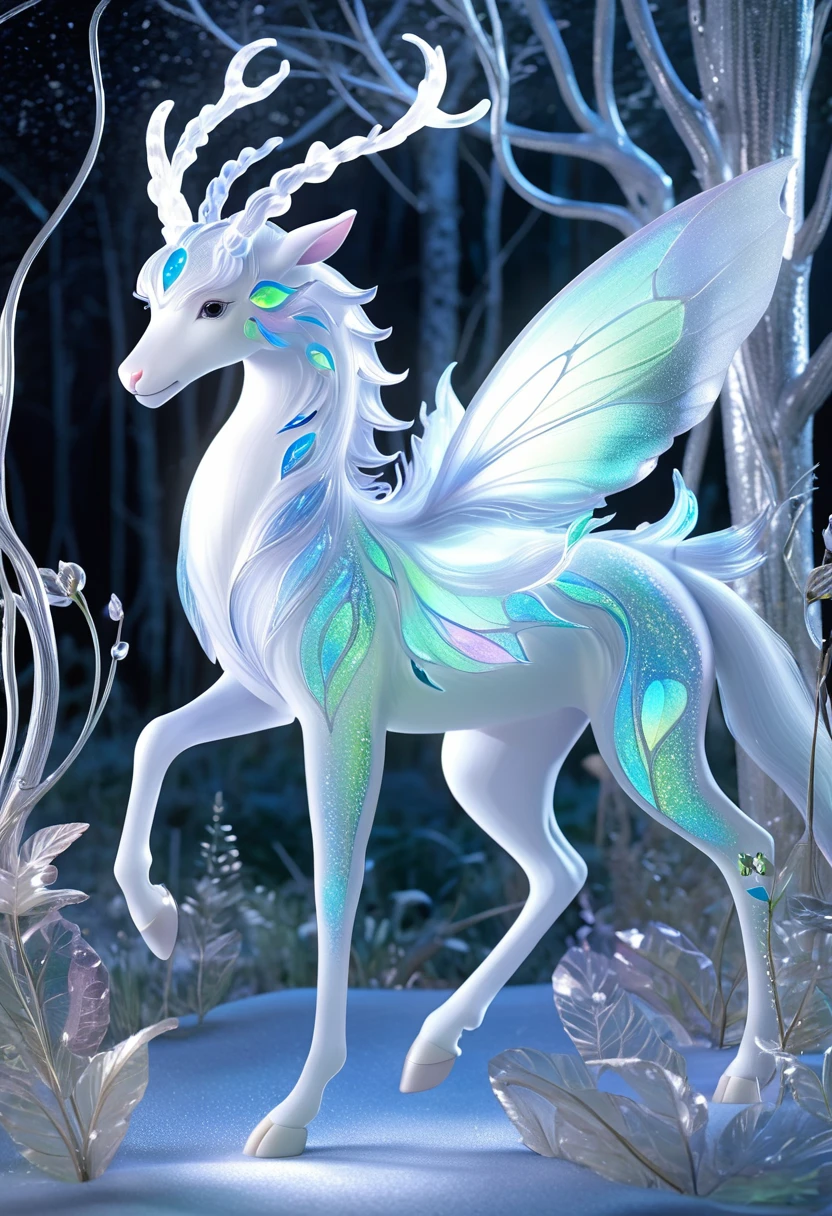 An exquisite mythical creature of the forest，Skin smooth as silk，It has a delicate pattern of spots and stripes，Seems to sparkle in the night,