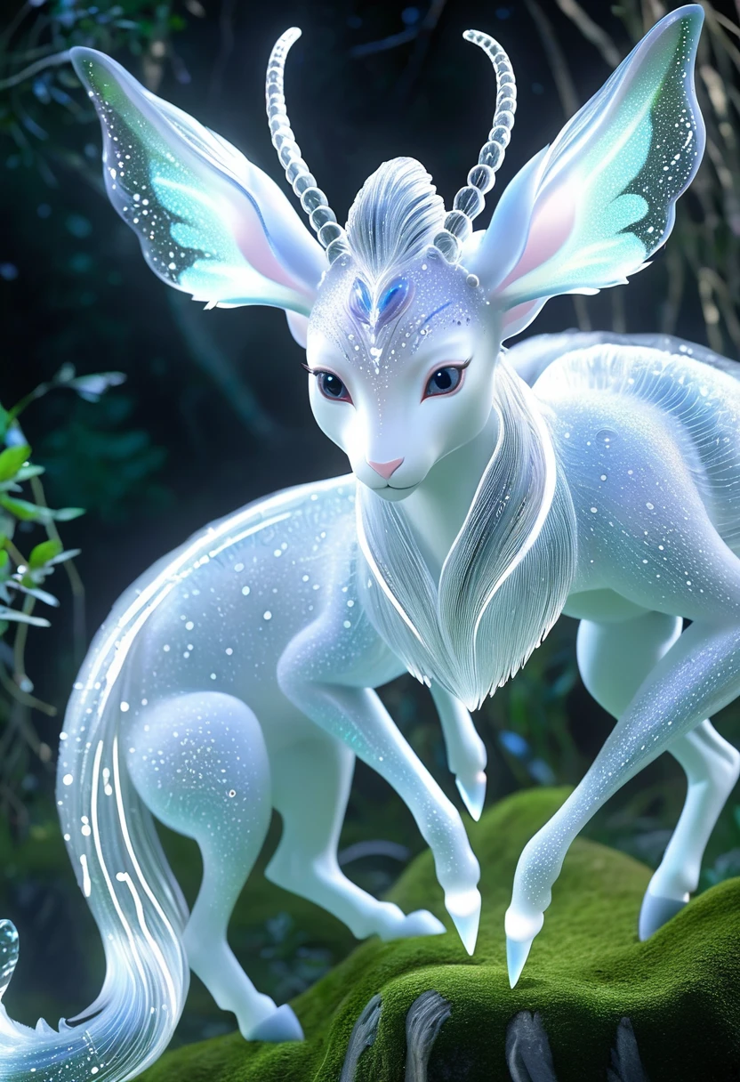 An exquisite mythical creature of the forest，Skin smooth as silk，It has a delicate pattern of spots and stripes，Seems to sparkle in the night,