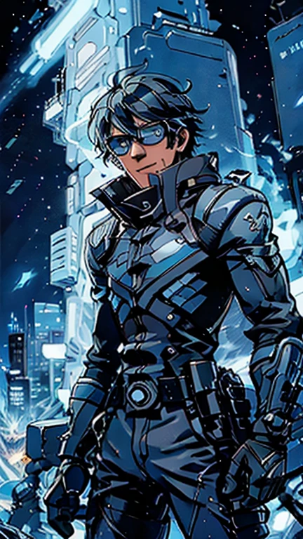 An anime man, dressed in black, black jacket zip up, Slick short grey hair, blue eyes, sunglasses, standing on top of a building smiling, dazzling blue light, Sparks of blue light circled the body, dynamic light effects, impressive aura, City background, full of building light,