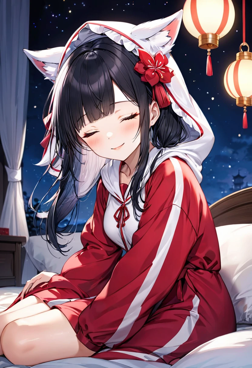 (Kigurumi pajamas style) (15 yo, solo blunt bangs black hair long hair cute shrine maiden girl, sexy closed eyes, love smile), (in a fox:1.4 hooded, fox kigurumi pajamas), break, in the lovely bedroom of night, BREAK, masterpiece, best quality, 16k, beautiful detailed night, daydreaming expression.