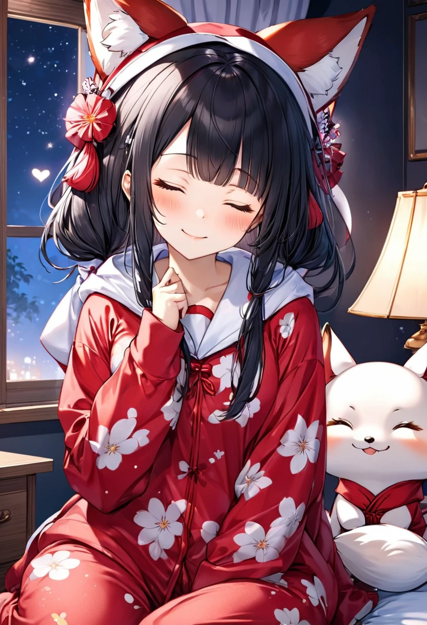 (Kigurumi pajamas style) (15 yo, solo blunt bangs black hair long hair cute shrine maiden girl, sexy closed eyes, love smile), (in a fox:1.4 hooded, fox kigurumi pajamas), break, in the lovely bedroom of night, BREAK, masterpiece, best quality, 16k, beautiful detailed night, daydreaming expression.