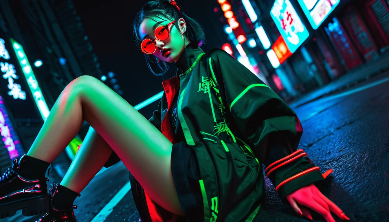 Dark night cyberpunk background,Neon,,Leg details,Red and dark green national trend style,woman,Chinese clothing,手持Neon,With round black glasses,Face details at its all,Wide-angle shooting,High Definition Rendering