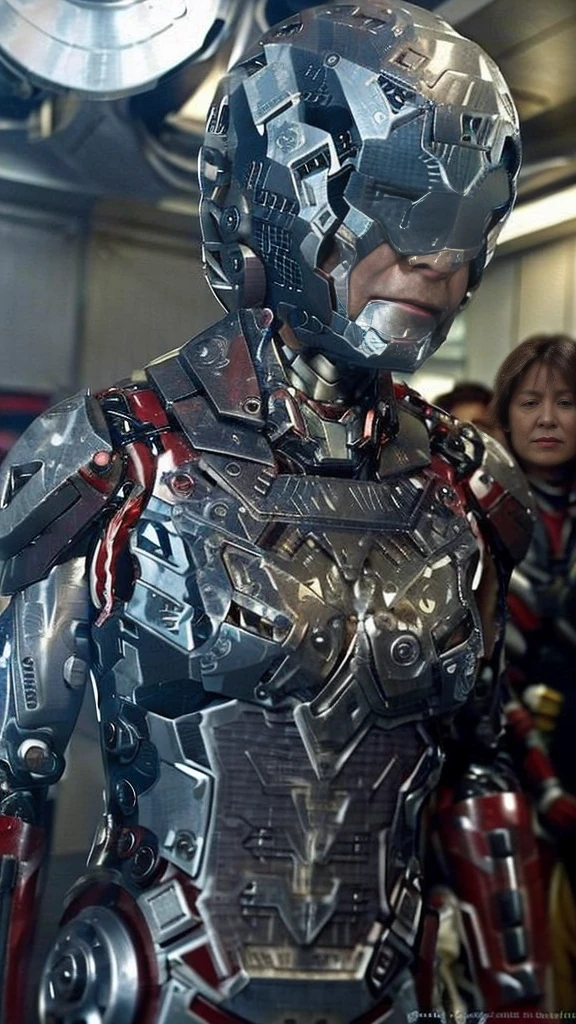 Middle-aged women Sweaty face Soaked Face Painful expression Steam coming out of the head Humidity Only the head is exposed ((Taking off the Iron Man suit)) Steam from the body