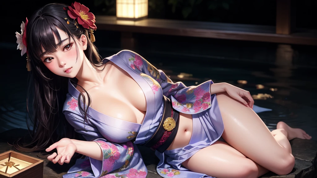 realistic, 1girl, full body, glowing eyes, (unbuttoned flower yukata), parted lips, blush, night, flowers, moonlight, onsen, hyper-detailed, high quality, 8k, photorealistic, professional digital painting, dramatic lighting, vibrant colors, intricate details, beautiful face, naughty pose, serene atmosphere, natural environment, ethereal, dreamy