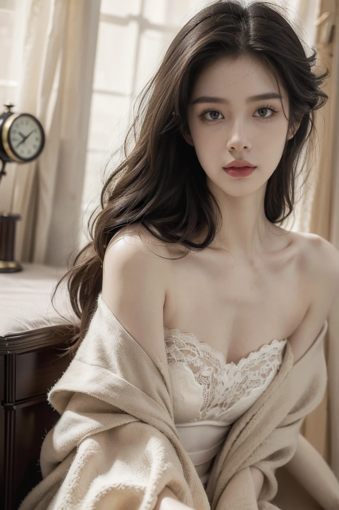 (((best quality))), (((ultra detailed))), (((masterpiece))), illustration,a beautiful girl,solo,slim,thin,messy hair,shoulder length straight bob hair,Dark Circles,Eyes bloodshot,(sad expression:1.3),flat chest,sitting on the bed,in a bedroom,strapless lace bra,deep in thought, dimly lit room, soft glow of a digital clock, dark curtains, seclusion and introspection, disheveled hair, shadowed eyes, sleeplessness, delicate features, fragile beauty, pale skin, rouge on cheeks, heavy atmosphere, silence, soft hum of a refrigerator, woman's expression of deep contemplation, searching eyes, capturing the essence of struggle, vulnerability,(dark night scene:1.3),close-up of face