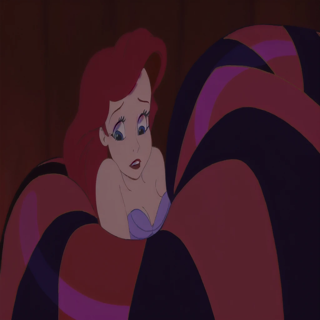 Araffe est allongé sur un lit avec une couverture rouge et noire, ariel the Sirène, the Sirène, Sirène, Princesse Ariel, Ambiance Disney classique, animation disney 2d encore, capture d'écran du film, Megara, jessica lapin, emma watson as jessica lapin, méchante de Disney, mais un regard sévère à son sujet, pose désespérée, taché », la nuit!
