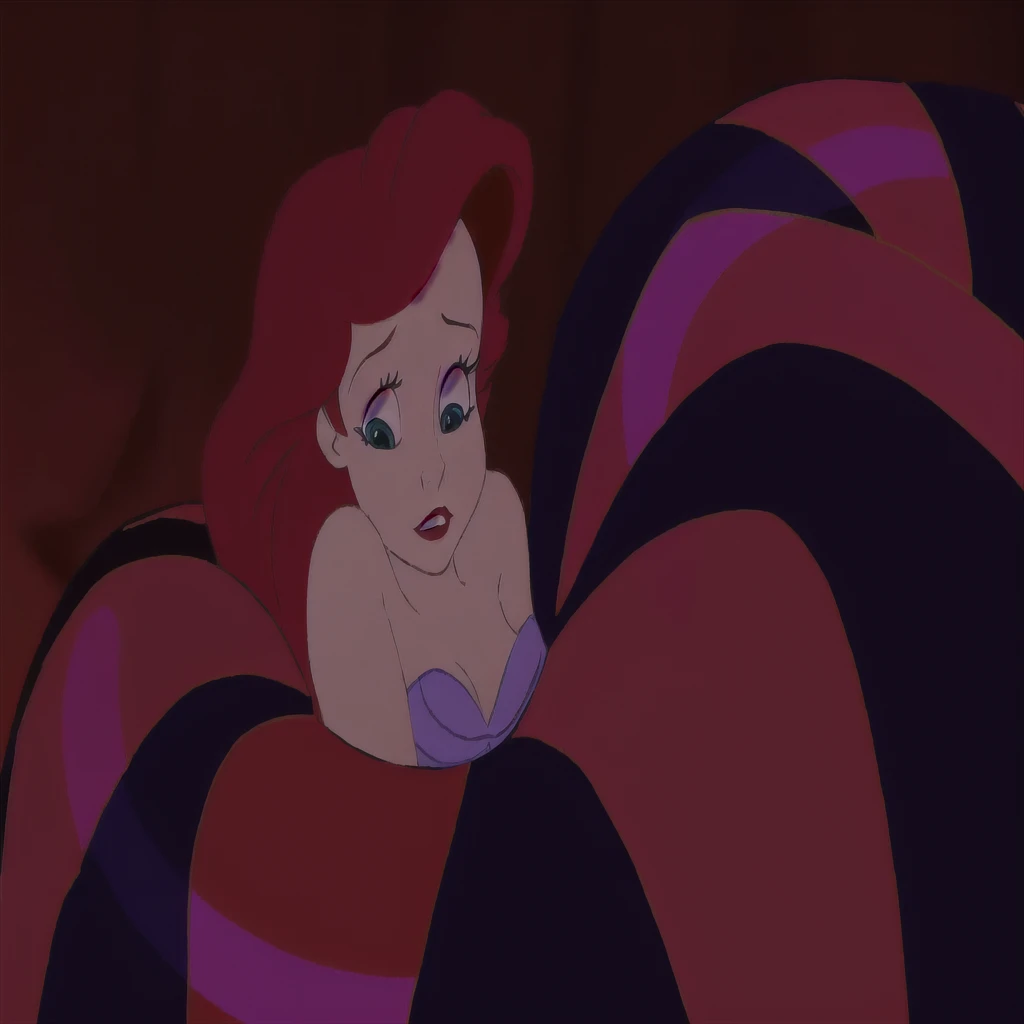 Araffe est allongé sur un lit avec une couverture rouge et noire, ariel the  Sirène, the  Sirène,  Sirène, Princesse Ariel, Ambiance Disney classique, animation disney 2d encore, capture d'écran du film, Megara, jessica lapin, emma watson as jessica lapin, méchante de Disney, mais un regard sévère à son sujet, pose désespérée, taché », la nuit!