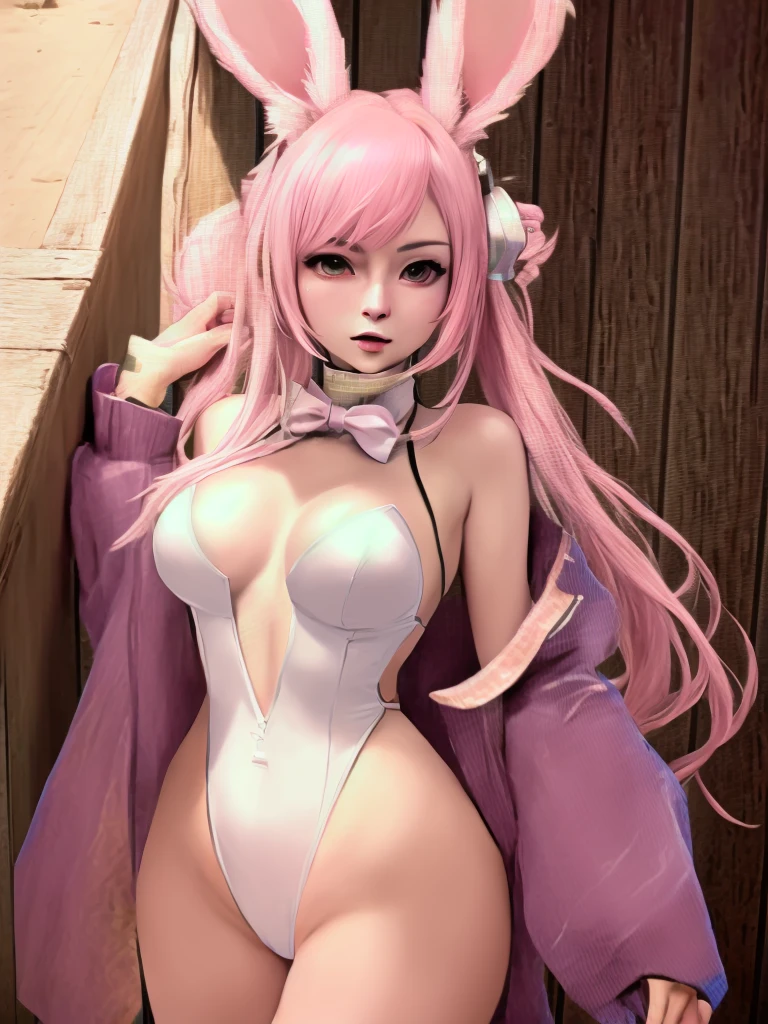 there is a woman with pink hair and a rabbit ears, final fantasy style 14, Final Fantasy 1 4, final fantasy 14 sharp, Final Fantasy 1 4 screenshot, Final Fantasy XIV, final fantasy character, rabbit ears, wearing cybernetic rabbit ears, pale, pointed ears, with rabbit ears, Bunny girl, the bunny has pink fur, rabbit ears esta en la playa sexy hermosa con un traje de baño rosa