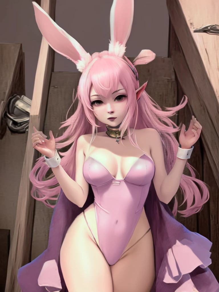 there is a woman with pink hair and a rabbit ears, final fantasy style 14, Final Fantasy 1 4, final fantasy 14 sharp, Final Fantasy 1 4 screenshot, Final Fantasy XIV, final fantasy character, rabbit ears, wearing cybernetic rabbit ears, pale, pointed ears, with rabbit ears, girl, the has pink fur, rabbit ears esta en la playa hermosa con un traje de baño rosa