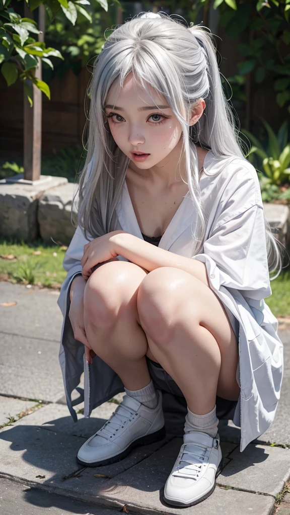 1girll),Squat on the ground to defecate,There is also feces and liquid on the ground,There are also liquids,Urine can be seen,大腿上There are also liquids,Between the legs facing the camera,Details can be seen on the inner thigh,(breast-feeding)()(),Conker,Moisturizes the skin,sweatyskin,Wavy white hair,Gray hair, gray hair,White hip-wrapped skirt