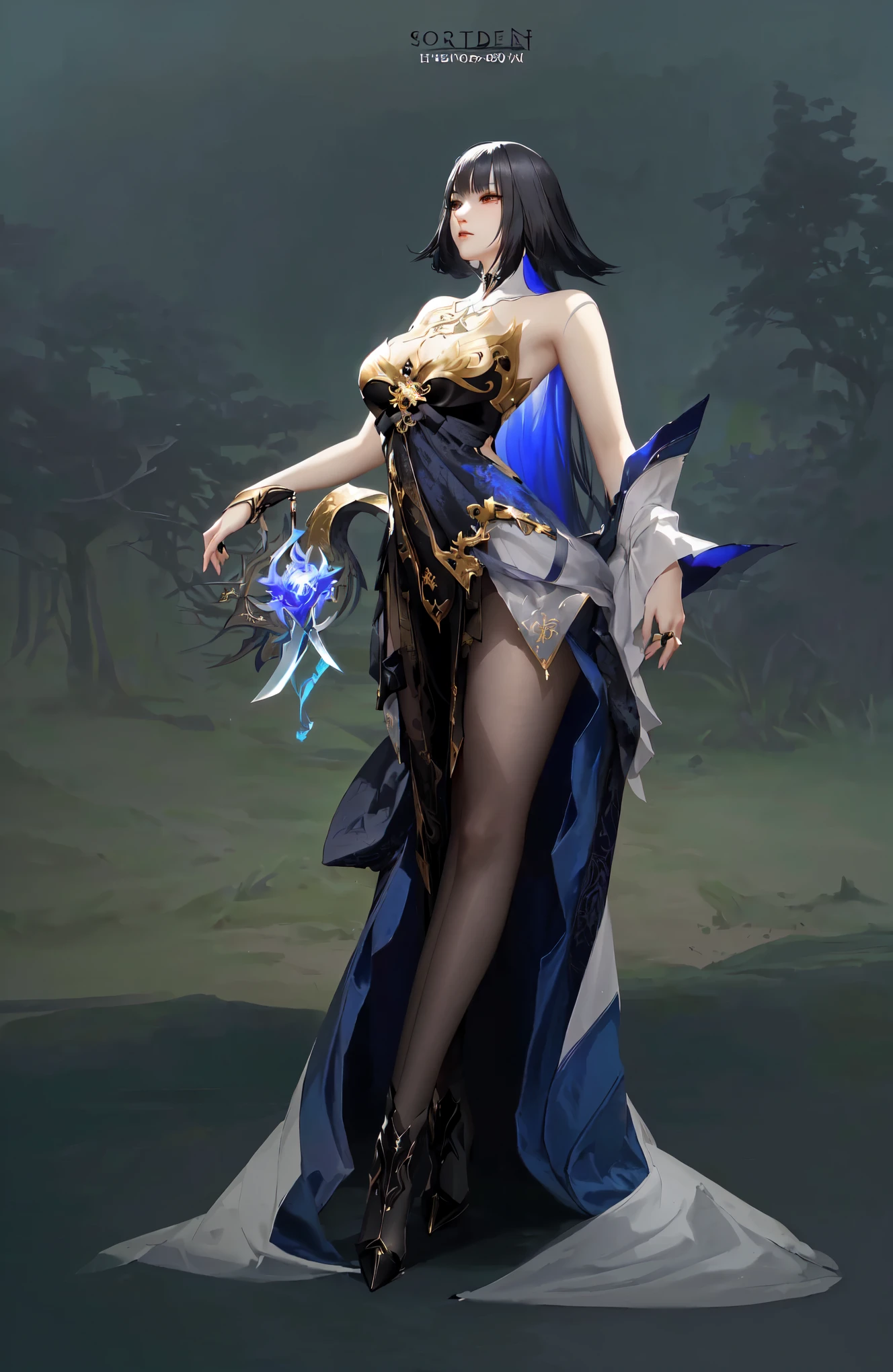 A woman in a dress、Close-up of woman holding sword, dark witch full view, dark witch fullbody pose, Full body fairy, Beautiful full body concept art, Humanity :: witch, A complete portrait of an elementalist, Onmyoji detailed art, witch, feng zhu concept art, Epic and beautiful character art