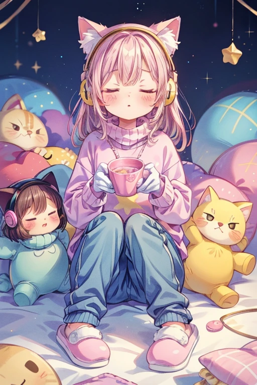 cat girl, solo, gloves, fluffy clothes, pants, sweater, sleeves, socks, slippers, pastel colors, (purple, blue, pink, yellow), cozy, dreamy, stars, stickers, bubbles, glitter, sparkles, plushies, headphones