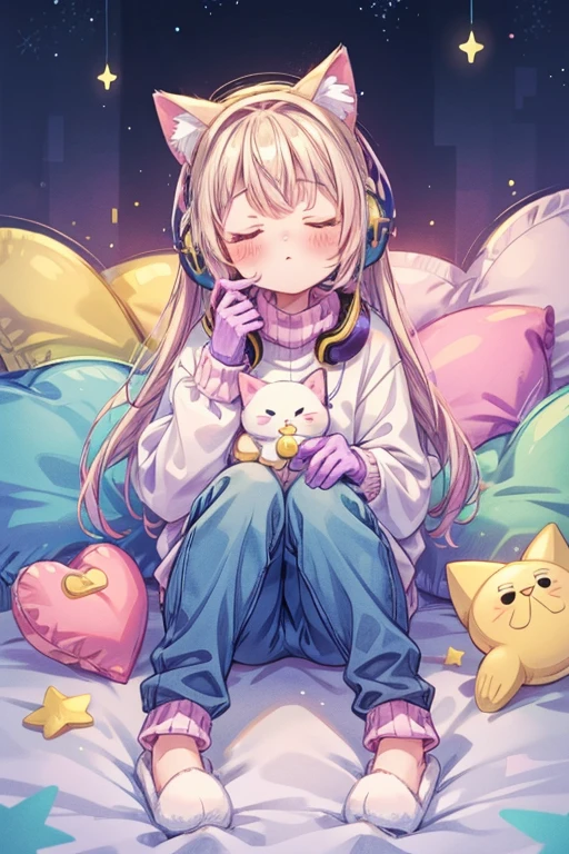 cat girl, solo, gloves, fluffy clothes, pants, sweater, sleeves, socks, slippers, pastel colors, (purple, blue, pink, yellow), cozy, dreamy, stars, stickers, bubbles, glitter, sparkles, plushies, headphones