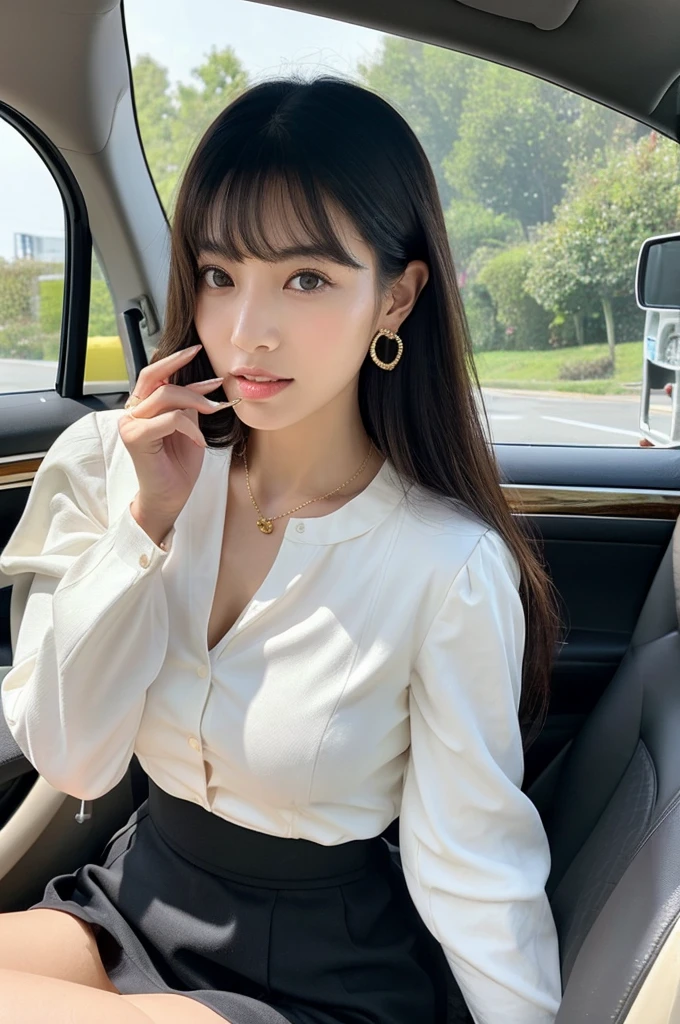 Assistant seat、Inside the car at the driving school, driving school instructor, ((full body)), ((photo)), ((best qualtiy, 8K, tmasterpiece:1.3)), Focus:1.2, perfect figure beautiful girl:1.41girl, cowboy shot, look at viewer, incredibly absurd, beautiful and cute girl with a photorealistic face, showcasing top-quality craftsmanship, A Japanese woman sitting in the passenger seat of a car at a driving school, 22 years old, has long, shiny, straight black hair, long bangs cut above her eyes as  bangs, large, dark eyes, long eyelashes, cat-like eyes with slightly upturned corners, well-defined eyebrows, double eyelids, straight nose, thin lips but a healthy, natural red color, well-aligned teeth, sharp jawline, fair, clear skin, smooth skin, long limbs, tall, slender, well-balanced proportions, beautiful C-cup breasts, wearing a white blouse with a black tight skirt and a beige jacket over it. The skirt is knee-length, an elegant and chic outfit, a single diamond earring in her left ear, and a slim gold ring on her middle finger on her right hand, a beautiful older woman, beautiful, neat, serious, responsible, kid, April