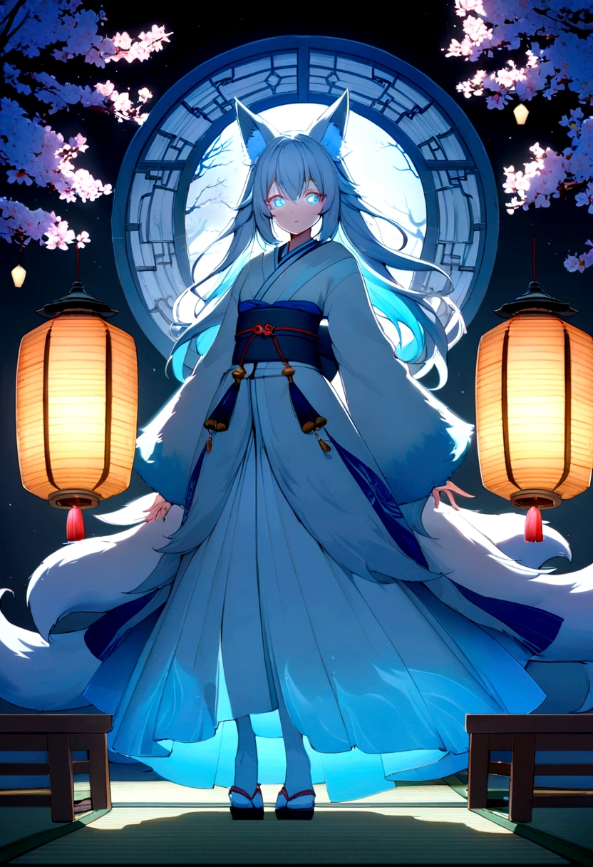 fox Light blue hair beast girl indigo fur fox beast girl fox Light blue hair beast girl indigo fur fox beast girl Wallpaper 4k,8k,highly detailled,,vivid colors,detailed kitsune with 9 tails,traditional Japanese artwork,tatami floor,beautiful cherry blossoms,floating lanterns,dark silhouette of a pagoda,subtle moonlight,dense forest,ethereal atmosphere,dappled sunlight,whimsical spirit,serene expression,elaborate kimono and obi,delicate hand-painted details,luminous eyes Anime Style fox blue White-faced golden-haired nine-tailed fox Coat blue mysterious background Blue Flame girl have a ball of light Anime Style fox blue White-faced golden-haired nine-tailed fox Coat blue mysterious background Blue Flame girl have a ball of light