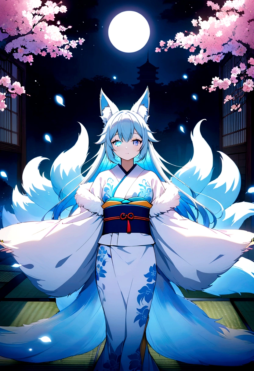 fox Light blue hair 　beast girl　indigo fur　fox beast girl　fox Light blue hair 　beast girl　indigo fur　fox beast girl　Wallpaper 4k,8k,highly detailled,,vivid colors,detailed kitsune with 9 tails,traditional Japanese artwork,tatami floor,beautiful cherry blossoms,floating lanterns,dark silhouette of a pagoda,subtle moonlight,dense forest,ethereal atmosphere,dappled sunlight,whimsical spirit,serene expression,elaborate kimono and obi,delicate hand-painted details,luminous eyes　Anime Style　fox　blue　White-faced golden-haired nine-tailed fox　Coat blue　　　mysterious background　Blue Flame　girl　have a ball of light Anime Style　fox　blue　White-faced golden-haired nine-tailed fox　Coat blue　　　mysterious background　Blue Flame　girl　have a ball of light