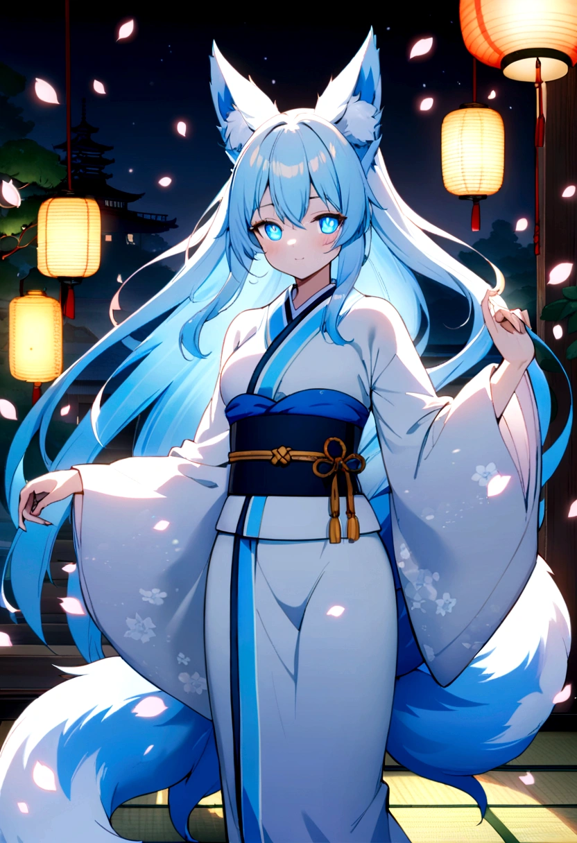fox Light blue hair 　beast girl　indigo fur　fox beast girl　fox Light blue hair 　beast girl　indigo fur　fox beast girl　Wallpaper 4k,8k,highly detailled,,vivid colors,detailed kitsune with 9 tails,traditional Japanese artwork,tatami floor,beautiful cherry blossoms,floating lanterns,dark silhouette of a pagoda,subtle moonlight,dense forest,ethereal atmosphere,dappled sunlight,whimsical spirit,serene expression,elaborate kimono and obi,delicate hand-painted details,luminous eyes　Anime Style　fox　blue　White-faced golden-haired nine-tailed fox　Coat blue　　　mysterious background　Blue Flame　girl　have a ball of light Anime Style　fox　blue　White-faced golden-haired nine-tailed fox　Coat blue　　　mysterious background　Blue Flame　girl　have a ball of light