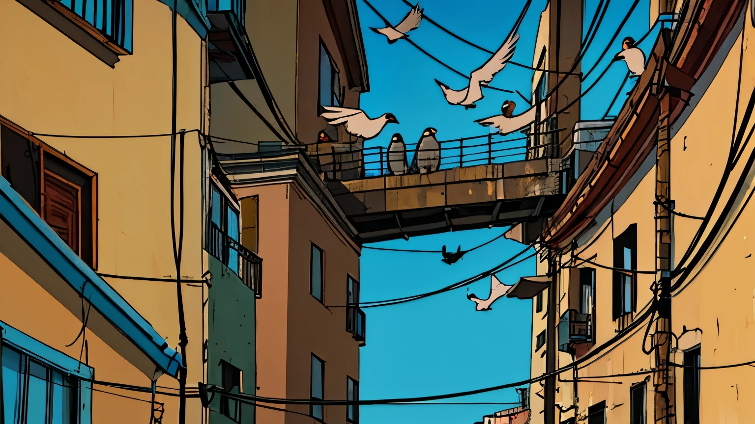 Bird Drawing, little birds, pigeons, singing over wires on a pole in a favela, floor, periphery, clay floor