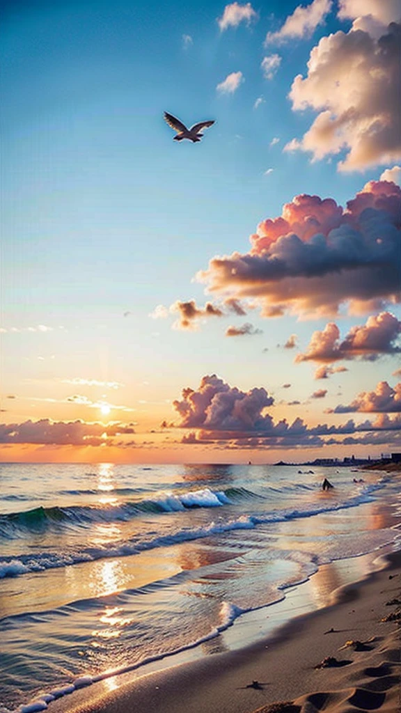 An absolutely mesmerizing sunset on the beach with a mix of orange, red, pink and yellow in the sky. The water is crystal clear, gently kissing the shore, and the sandy beach is endless. The scene is dynamic and breathtaking, with seagulls soaring high in the air and palm trees gently swaying. Immerse yourself in the calm atmosphere and let the tranquil surroundings surround you.wtrcolor style