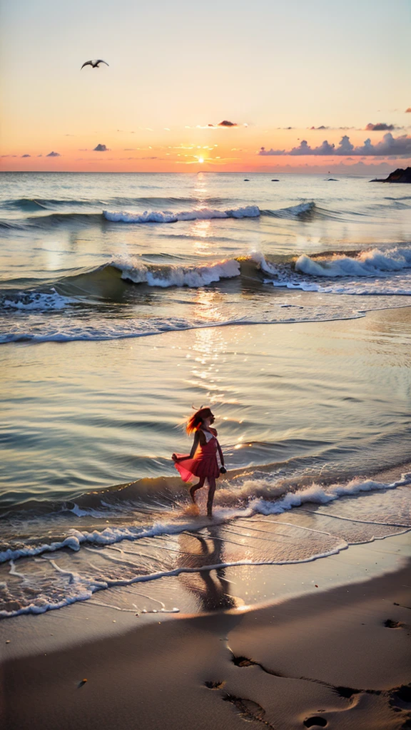 An absolutely mesmerizing sunset on the beach with a mix of orange, red, pink and yellow in the sky. The water is crystal clear, gently kissing the shore, and the sandy beach is endless. The scene is dynamic and breathtaking, with seagulls soaring high in the air and palm trees gently swaying. Immerse yourself in the calm atmosphere and let the tranquil surroundings surround you.wtrcolor style