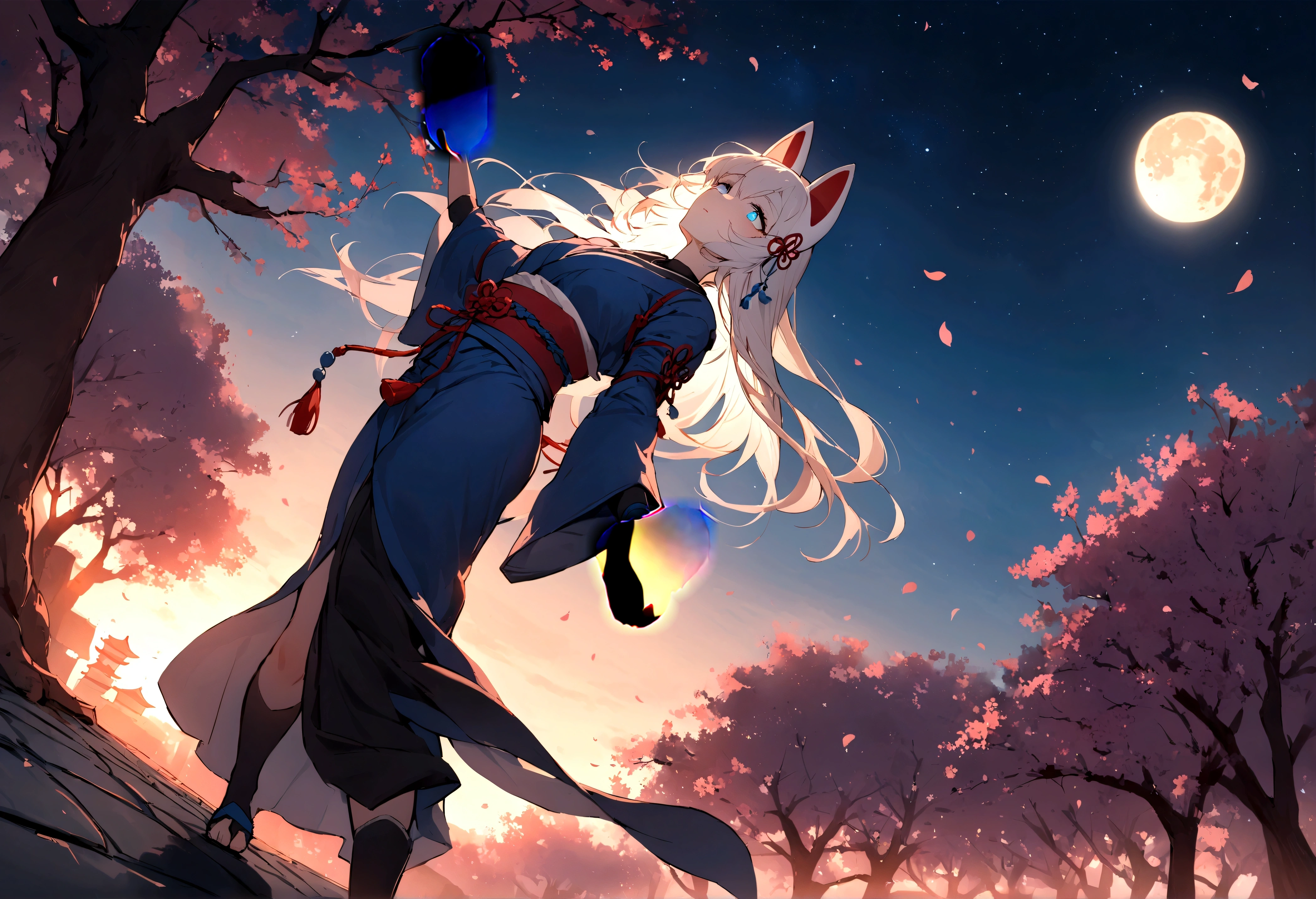 Exposed armpits and chest、Climbing a cherry tree、(masterpiece, best quality:1.2), 1girl, 独奏,Wolf girl, fox mask, ninja, girl, long white hair, odd eyes, blue kimono, ninja girl, red and blue scarf,Dancing Cherry Blossoms,Full moon backlighting, light coming in, fantastic atmosphere.night、Shadows of light and darkness、Eyes glowing in the dark、Black fox mask、Fisheye Lens、Expansive starry sky、long hair that spreads、Overlooking the city from atop a large cherry tree、Aside exposure、Black fox mask
