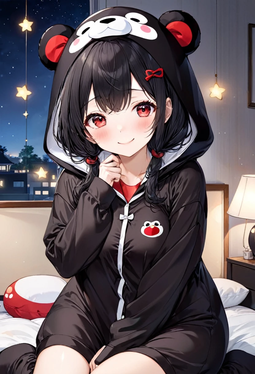 (Kigurumi pajamas style) (18 yo, solo straight:1.2 black hair long hair sexy girl, cute red eyes, love smile, big tits), (in a Kumamon:1.5 hooded, kumamon kigurumi pajamas), break, in the lovely bedroom of night, BREAK, masterpiece, best quality, 16k, beautiful detailed night, daydreaming expression.