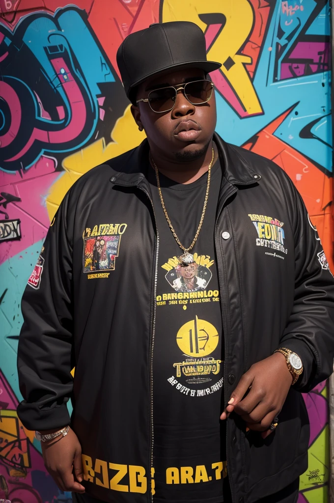 Here's the detailed prompt for Biggie Smalls' design:
---
**Prompt para design de camisa:**
Create a detailed portrait of Biggie Smalls (The Notorious B.I.g.), highlighting his iconic features like the fedora hat, sunglasses and their distinctive style. No fundo, include vibrant, stylized graffiti that represents one of your songs. Graffiti must have urban elements and bright colors, with song lyrics integrated into the background design. The objective is to create a harmony between Biggie's portrait and the graffiti, highlighting both the artist and the song in a modern, artistic style