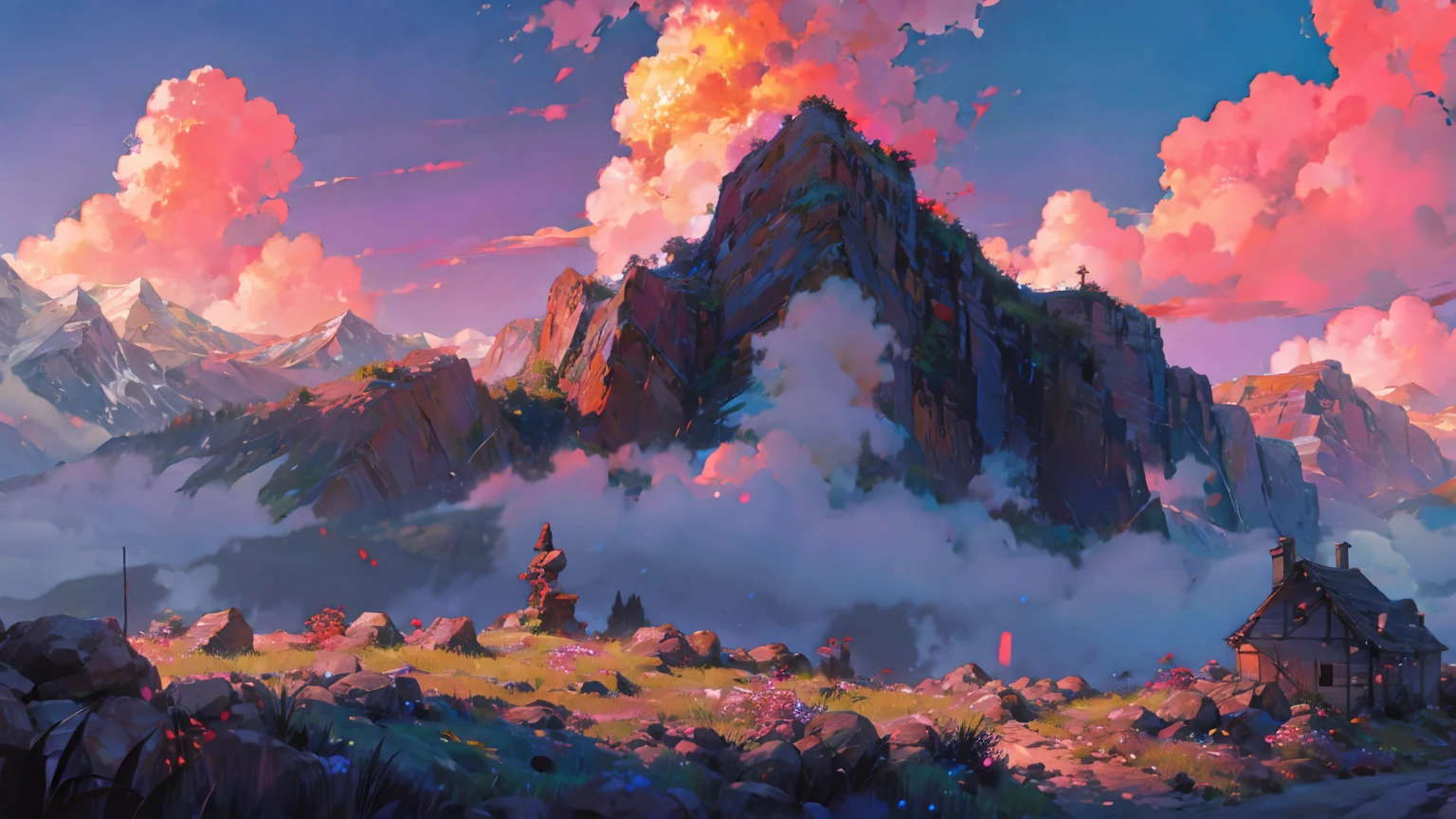 Landscapes, battlefields, broken buildings, stones, bricks, bodies, bodies with swords and arrows in them, blood, smoke, fire, blue-gray sky, white clouds; Angels in the sky, put their hands together, close their eyes, sing,