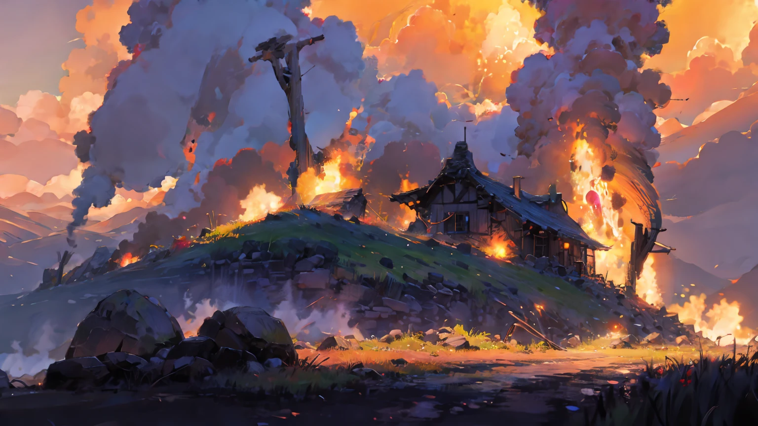 there is a picture of a burning house on a cliff with a sky background, anime background art, anime background, highschool background, anime scenery, random background scene, anime movie background, style of madhouse studio anime, dojo on a mountain, nightime burning village background, anime scenery concept art, town background, beautiful anime scenery, anime landscape, colorful anime movie background