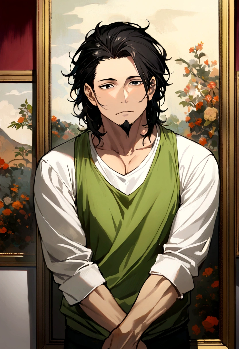 40 year old man, long and slightly curly black hair to shoulder length, dull black eyes, goatee, green tank top, white shirt inside. painting