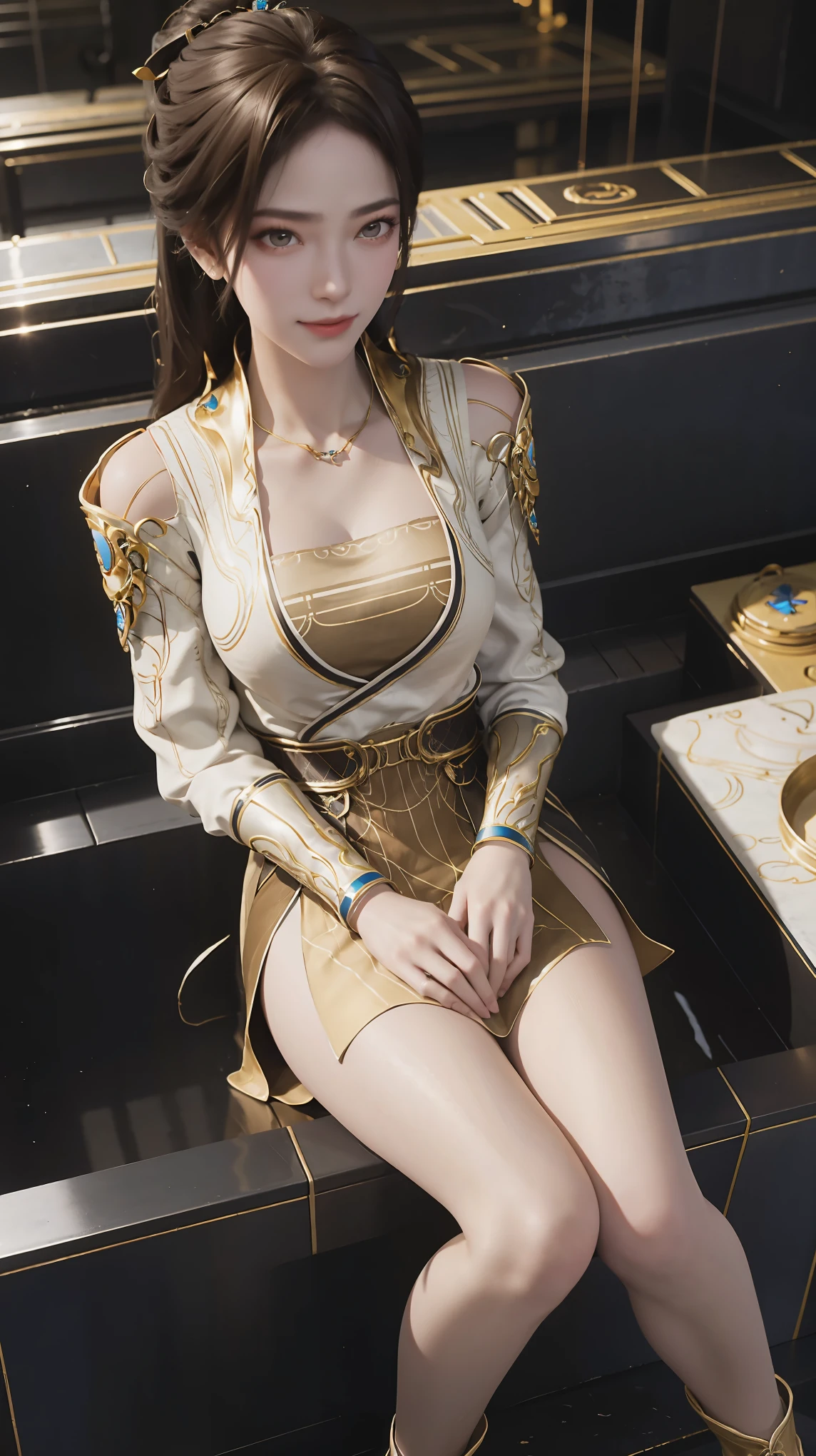 
best quality，masterpiece，Final Solution，Fluffy，Colorful，Mature beautiful woman，Sitting against the wall，Long legs，Wearing pure gold high heels，In the bedroom，Wearing a golden hip skirt，full-body shot