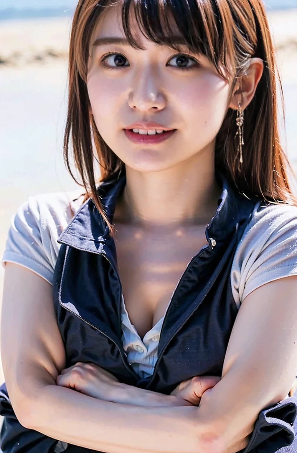 ((She is wearing a navy polo shirt and white panties.、:1.4))、Navy blue polo shirt and white panties、Outdoor shots、Cream hair color、Her huge breasts are obvious even through her clothes..、Small earrings、Light brown hair color、:1.4））、Shiny Hair、Light beige hair color、Background Blur、Light brown hair、｛｛Cowgirl Shot｝｝、（（Close-up shot from the waist up、Big Breasts:1.4））、Big Breasts、にっこりsmile、服からでも分かるBig Breasts、Cowboy Shot、素敵なsmile、（（Revealing clothing））、Full body photo、ring、Tuck your hair behind one ear、Silver Necklace、smile、Caustics、Highly detailed photos、Big Breasts、Super no makeup、(8K、RAW Photos、Highest quality、masterpiece:1.2)、(Realistic、Realistic)、1 Girl、((Big Breastsショートヘア、Looking into the camera:1.4))、Hair blowing in the wind
