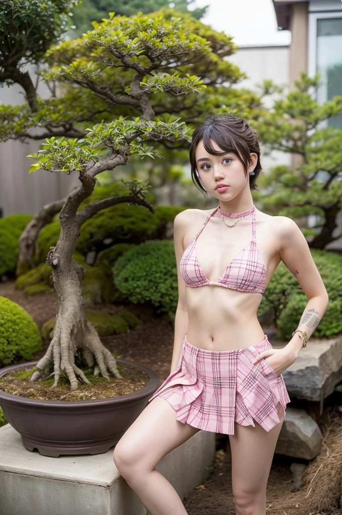 Miley Cyrus, beautiful, wearing a fake pink plaid skirt bikini, posing super sexy, bonsai garden