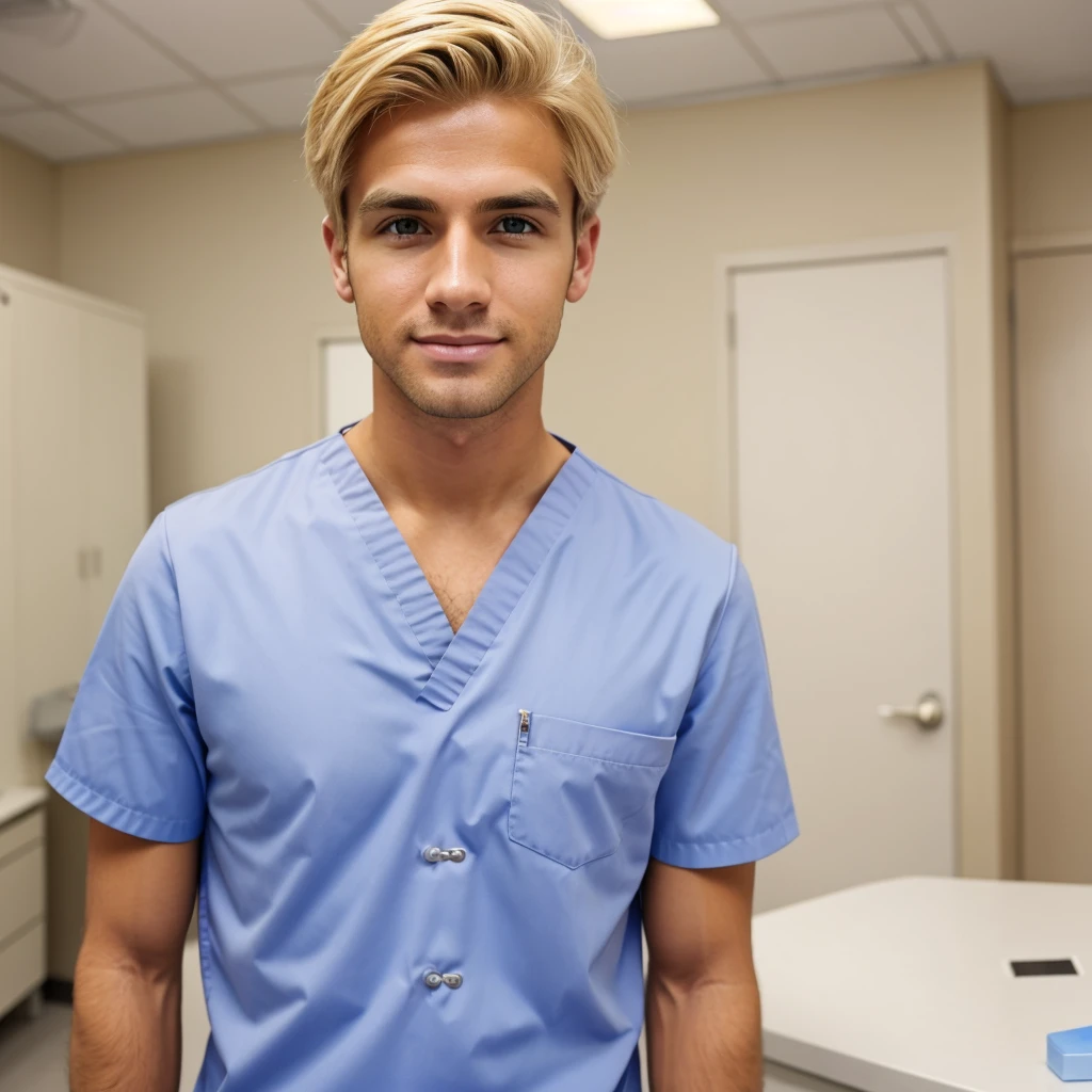 Attractive young male dentist with blonde hair standing in exam room