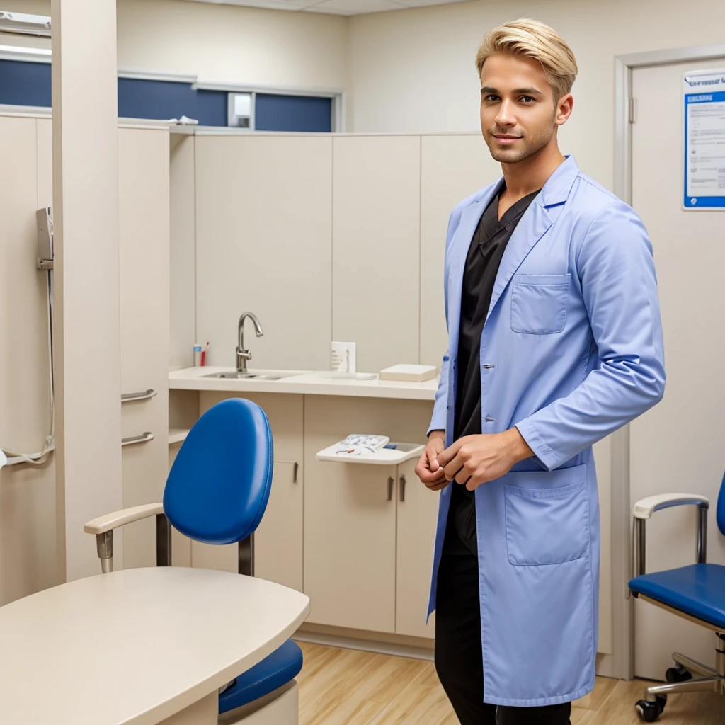 Attractive young male dentist with blonde hair standing in exam room