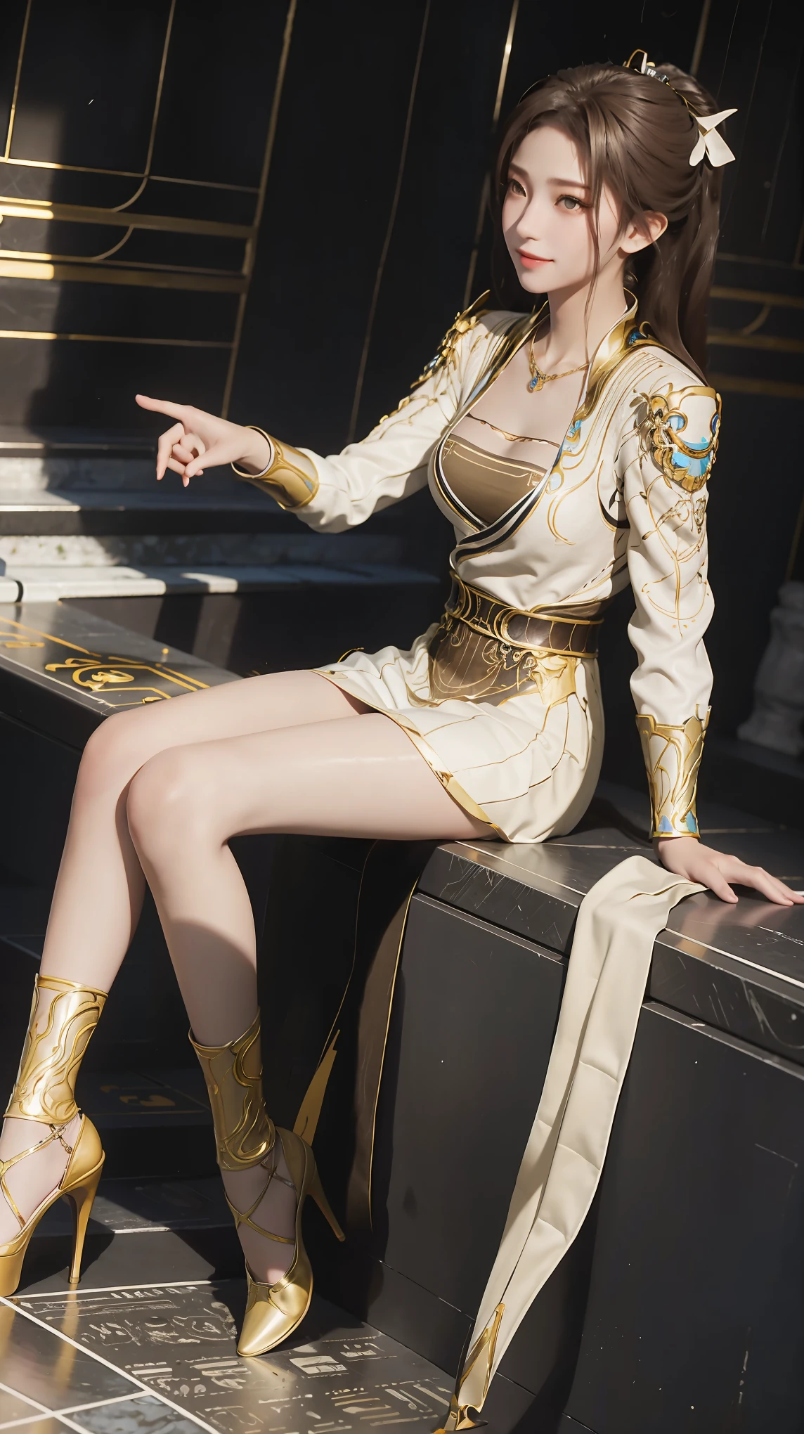 masterpiece, best quality, tthl, 1 Girl, 16 years old, Solitary, Long hair:1.2, Large Breasts, Bangs, Hair accessories, Double ponytails, skirt, Bare shoulders, Jewelry, Brown hair, Alternative clothing, white skirt, bracelet, ear rings, 长skirt, 蕾丝skirt, bracelet, High heel, 系带High heel, 细High heel, Charming smile,Cross your legs, Sitting in the bathtub, indoors, From below，White Camisole