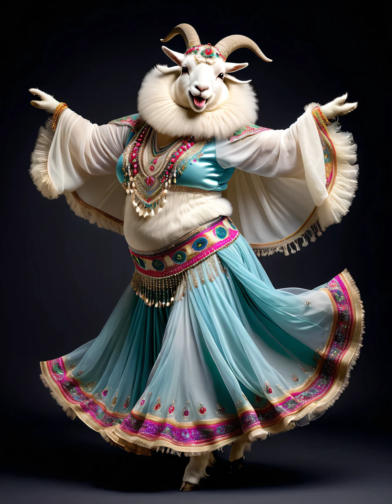 photorealistic portrait of Dressed animals - a ((fat)) ((angora goat)) dancer,(furry), (dynamic dancing:2.0), (swinging arms :2.0),(happy smile:1.2),high quality,(happy),(lovely) ,intricate details, (sheer veil), highly detailed (( gypsy belly dancing clothes)) ,highly detailed decorations of clothes, Wearing gypsy belly dancing clothes, , (happy), studio lighting,(full body image:1.5),simple background,(viewed from side:2.0),