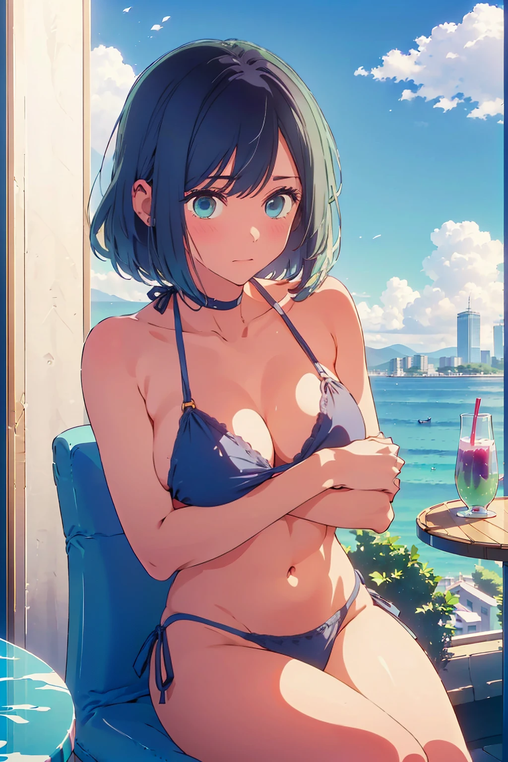 (Highest quality:1.4、8K:1.4、detailed)、F cup bust、Big Breasts、Slim body、Very white beautiful skin、((((1 person、Surprised expression、sit、Chair、In the background are the urban buildings of Tokyo、looking at the camera、Outdoor café terrace、coastal、Navy hair color、juice、Shooting up close、table、Very cute face))))、((((nude、Areola、bikini size too small))))、(Pose with hair tucked behind ears with both hands:1.4)、Very blue sky、A completely cloudless sky