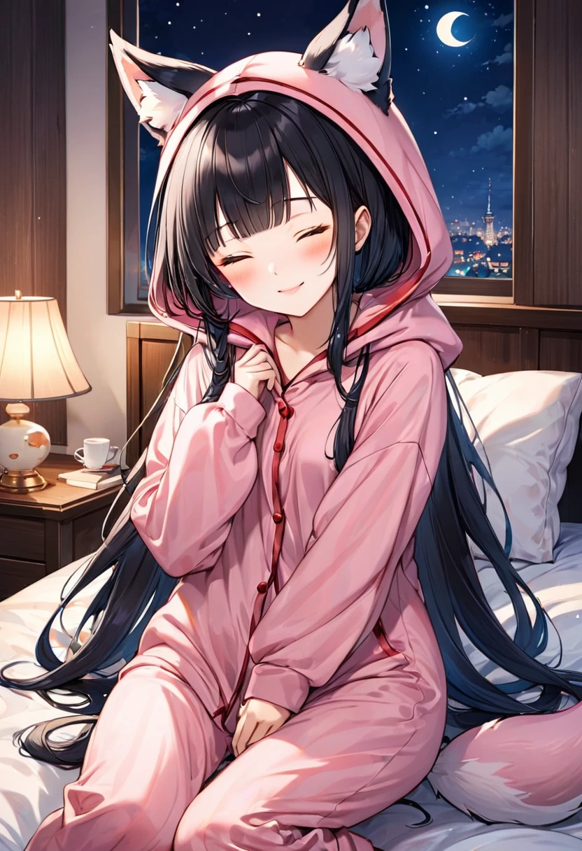 (Kigurumi pajamas style) ( yo, solo blunt bangs black hair long hair cute girl, sexy closed eyes, love smile), (in a fox:1.4 hooded, fox kigurumi pajamas), break, in the lovely bedroom of night, BREAK, masterpiece, best quality, 16k, beautiful detailed night, daydreaming expression.