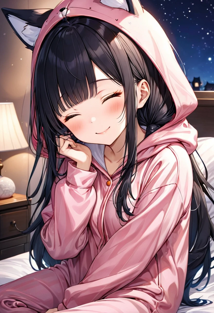 (Kigurumi pajamas style) (15 yo, solo blunt bangs black hair long hair cute girl, sexy closed eyes, love smile), (in a fox:1.4 hooded, fox kigurumi pajamas), break, in the lovely bedroom of night, BREAK, masterpiece, best quality, 16k, beautiful detailed night, daydreaming expression.