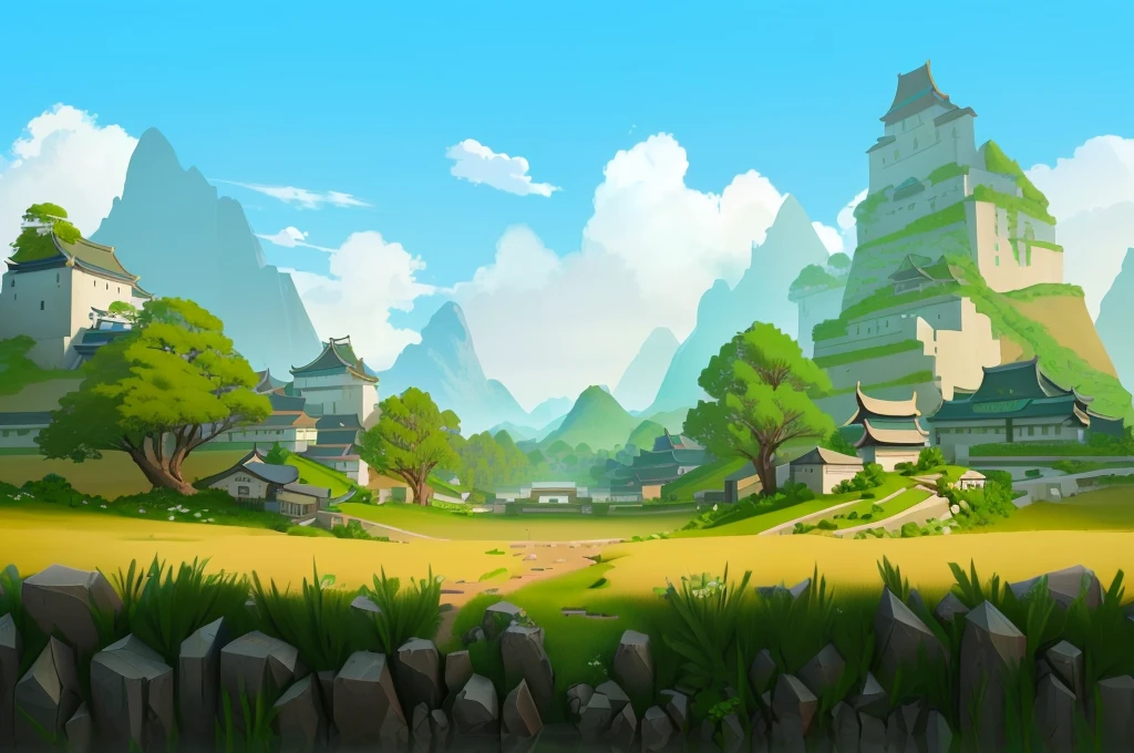 写实风格Game Background，Ancient Chinese buildings in the distance，Close-up of stone brick road， Realistic background technology, Background technology, Game Background, Landscape background, mobile Game Background, RPG Landscape, Game Background, Distant village background, videoGame Background, Landscape background, 3D game environment design, beautiful Landscape background, natural Landscape background, Landscape Game Concept Art, 角色扮演Game Background，cubism, Verism