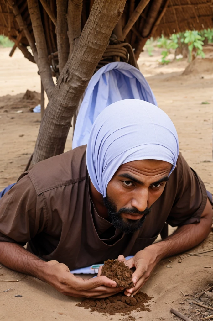 Muslim guy of village trying to eat poop